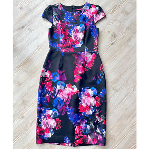 Betsey Johnson Floral Cap Sleeve Sheath Midi‎ Dress | Black Size 6